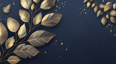 Golden 3D leaves on a dark textured background, luxurious nature-inspired wallpaper. Generative AIの素材