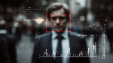 digital surveillance, AI monitoring feed with face detection overlays and behavior prediction graphs. Generative AIの素材