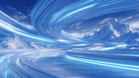 Futuristic Ice Landscape with Glowing Blue Energy. Generativeの素材