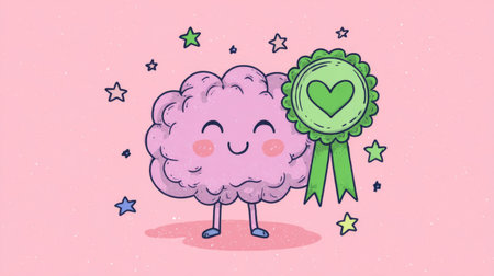 smiling brain character with heart and green ribbon badge, educational mental health mascot. Generative AIの素材