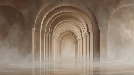 Infinity arch hallway, symmetrical 3D arches in muted gold fading into soft fog. Generative AIの素材