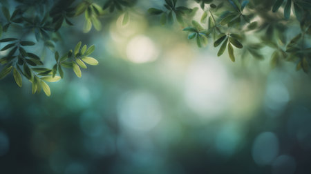 blurred forest with gentle light filtering through green leaves. Generative AIの素材