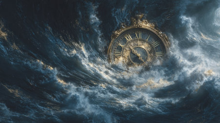 melting clock over dark ocean waves, symbolizing loss of time and letting go. Generative AIの素材