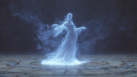 Ethereal Spirit Woman in Glowing Light Smoke. Generativeの素材