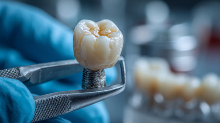 Close-up of a crown being installed on a dental implant in a laboratory setting. Generative AIの素材