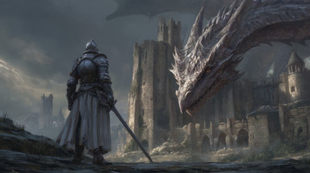 knight in shining armor standing before dragon wrapped around ancient castle ruins. Generative AIの素材