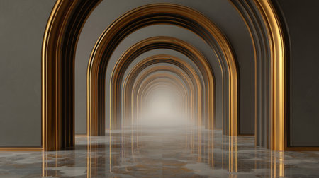 Infinity arch hallway, symmetrical 3D arches in muted gold fading into soft fog. Generative AIの素材