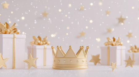 golden crowns, gift boxes, and soft stars arranged on pale winter background. Generative AIの素材
