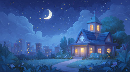 night scene of hospital exterior with glowing windows, starry sky, sleeping children inside. Generative AIの素材