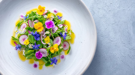 clean white plate with plant-based rainbow salad, edible flowers. Generative AIの素材