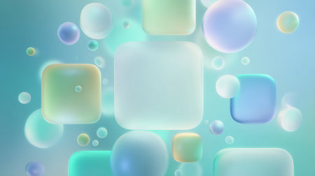 Soft pastel-colored bubbles and rounded squares floating in a minimal abstract background. Generative AIの素材