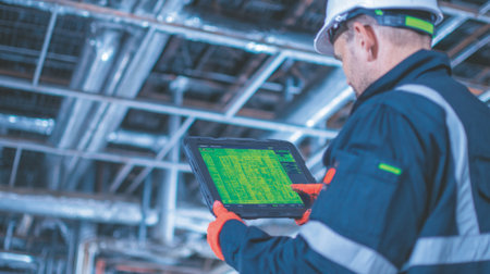 handheld tablet screen showing infrared signature of exposed piping while worker scans ceiling frame. Generative AIの素材