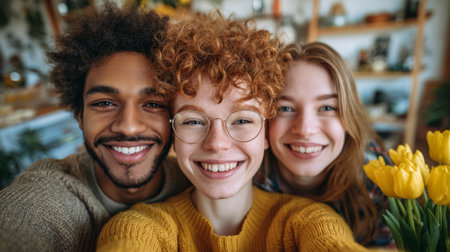 cheerful young adults taking selfies around Nowruz table, sharing joy in bright home interior. Generative AIの素材