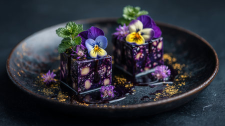 reimagined lokum dessert cubes plated on black ceramic with edible flowers and fruit jelly sauce. Generativeの素材