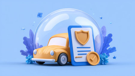 car under simplified bubble dome with shield icon and insurance certificate hovering beside. Generative AIの素材