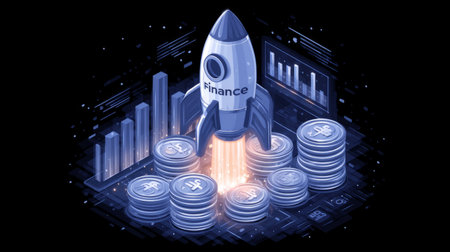 startup success theme, rocket labeled Finance launching from stacked coins, graphs trailing behind, glowing upward. Generativeの素材
