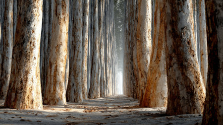 Rows of vertical tree trunks in a reforested grove with sunlight filtering through. Generativeの素材