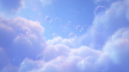 tranquil blue background with translucent soap bubbles gently drifting among delicate foam clouds. Generative AIの素材