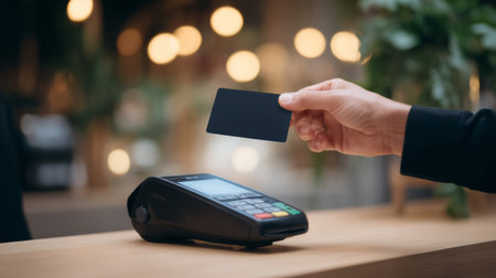 glowing contactless card being held above POS device, minimal tech background. Generative AIの素材