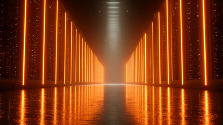 Server rack grid with glowing vertical lights. Generativeの素材