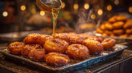 food style, fresh fried zalabia. Arabic donuts dripping with syrup. Generativeの素材
