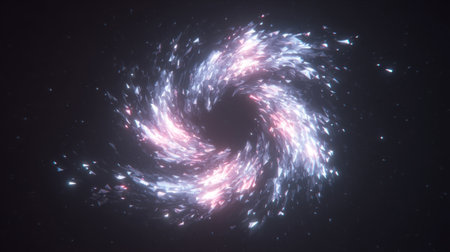 dynamic spiral form, low poly shards arranged in circular swirl over dark void. Generative AIの素材