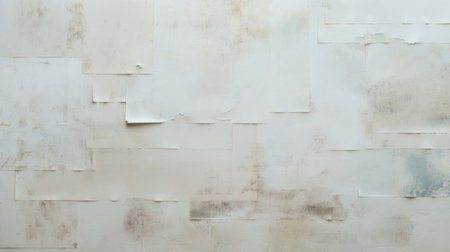 Soft neutral tones, layered white posters partially peeling with horizontal creases. Generativeの素材