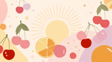 modern summer palette, stylized fruits and sunrays reduced to playful geometric forms over pastel background. Generative AIの素材