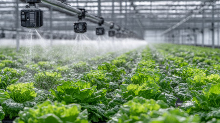 solar-powered urban greenhouse, automated watering arms tending to rows of leafy vegetables under glass dome. Generative AIの素材