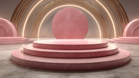 Pink podium with abstract neon arcs. Generative AIの素材