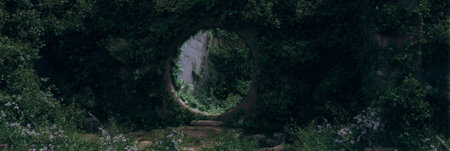 Lost portal among overgrown ruins, hidden entry to another world. Generativeの素材
