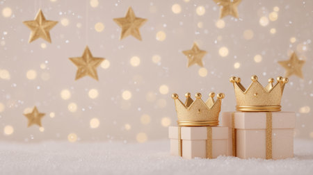 golden crowns, gift boxes, and soft stars arranged on pale winter background. Generative AIの素材