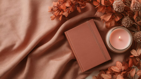 Cozy Autumn Flat Lay with Books and Candles. Generative AIの素材