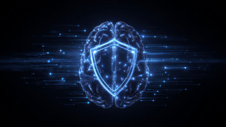 machine learning context digital brain protected by floating shield icons and stream of secured protocols. Generative AIの素材