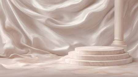 Pearl-tone podium on silk-textured background with soft folds. Generativeの素材