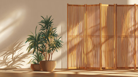 Slatted bamboo room divider casting soft shadows in a minimalist zen space. Generativeの素材