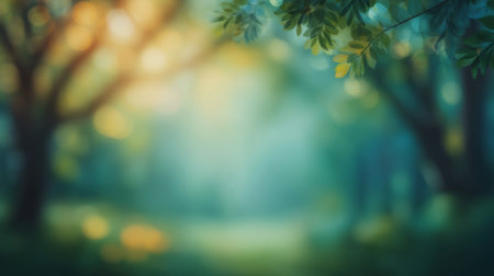blurred forest with gentle light filtering through green leaves. Generative AIの素材