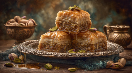 golden Turkish baklava stacked on ornate silver tray, surrounded by pistachios and honey drips. Generativeの素材
