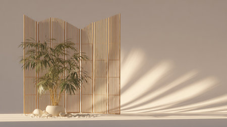Slatted bamboo room divider casting soft shadows in a minimalist zen space. Generativeの素材