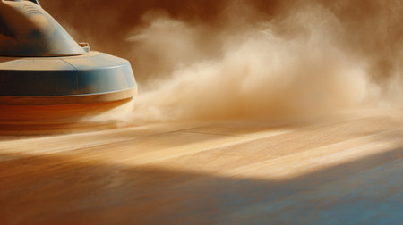 wooden floor being sanded by machine, fine dust particles. Generative AIの素材