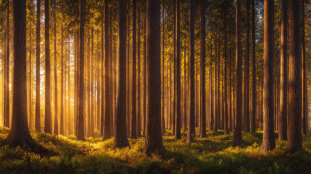 Rows of vertical tree trunks in a reforested grove with sunlight filtering through. Generativeの素材