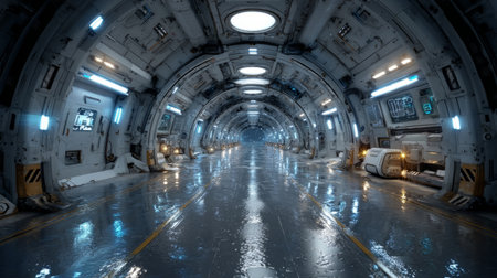 Starship launch bay tunnel with starlight reflections. Generative AIの素材