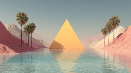 Yellow triangle hovering above pastel ocean, with palm-shaped hills in background. Generative AIの素材