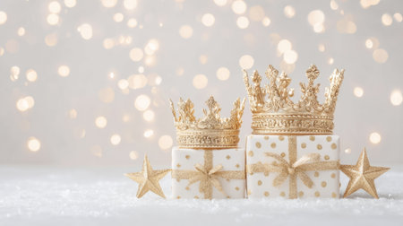 golden crowns, gift boxes, and soft stars arranged on pale winter background. Generative AIの素材