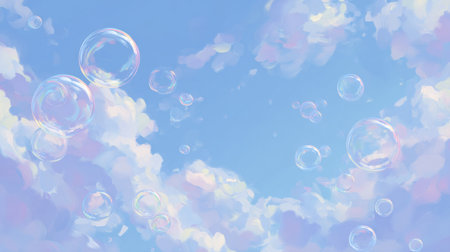 soft dreamy floating soap bubbles and light clouds merging in an abstract blue sky, a feeling of purity and calm. Generative AIの素材