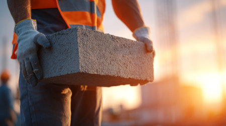 Worker lifting concrete block, muscles, gritty site background. Generativeの素材
