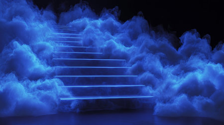 surreal magic fog, light blue smoke forming stairs floating in black voi. Generative AIの素材