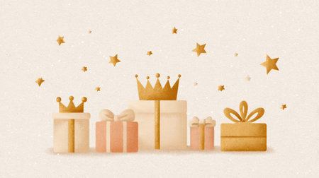 golden crowns, gift boxes, and soft stars arranged on pale winter background. Generative AIの素材