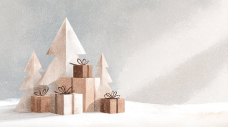 modern holiday minimalism, style gift box shapes and tree silhouettes over clean winter palette background. Generative AIの素材