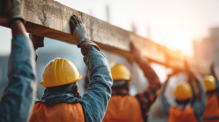 Team of construction workers lifting beam together, unity and strength. Generativeの素材